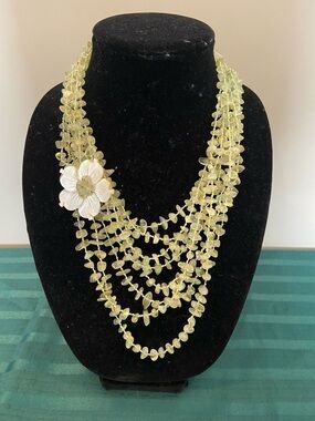 Multi-Strand Pale Green Gemstone Necklace with Flower Accent